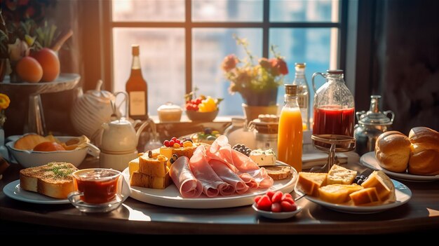 Uma mesa com um buffet de pequeno-almoço e uma garrafa de vinho
