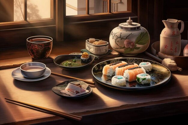 Uma mesa com um bule de chá e sushi