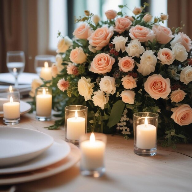 uma mesa com um buquê de rosas e velas