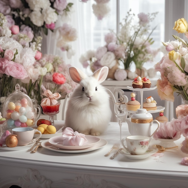 Foto uma mesa com um coelho e uma chávena de chá e uma mesa com flores e uma xícara de chá