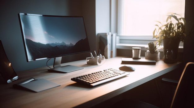 Uma mesa com um computador e um teclado