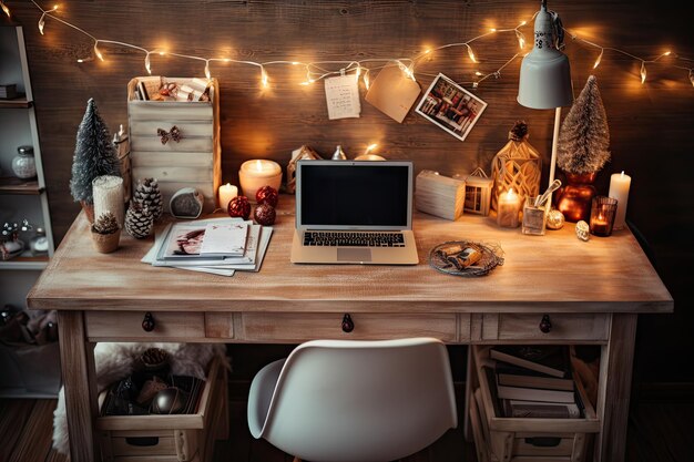 Foto uma mesa com um computador portátil aberto e luzes de natal na parede no fundo é uma mesa de madeira cadeira branca