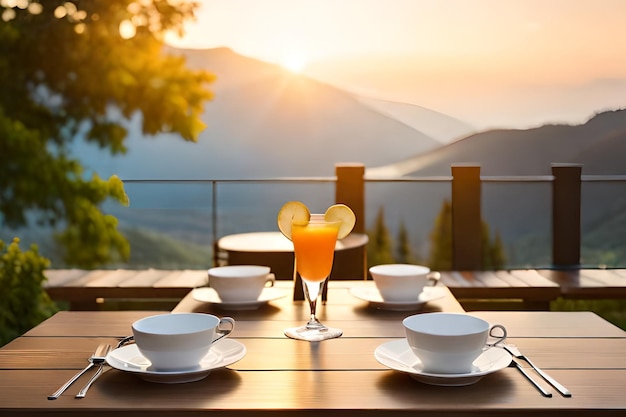 Uma mesa com um copo de suco de laranja e um copo de suco de laranja em cima