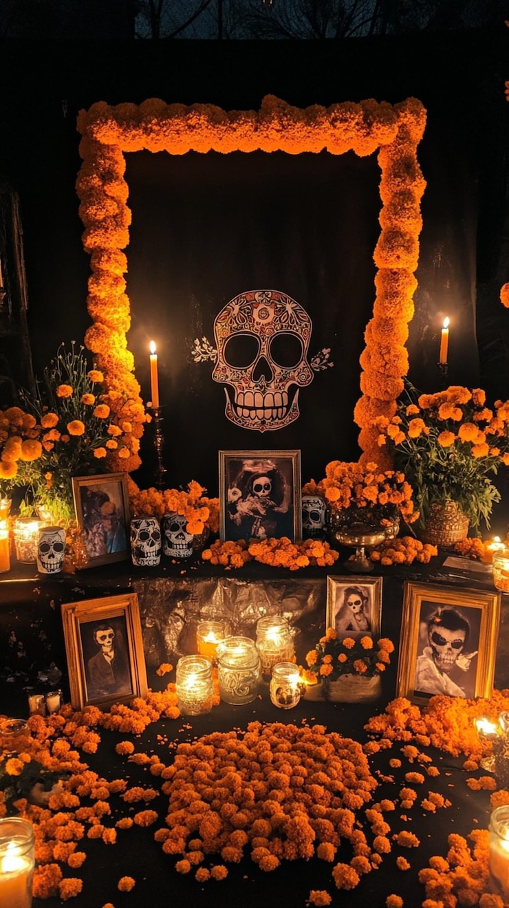 Foto uma mesa com um crânio e flores e um crâneo e velas