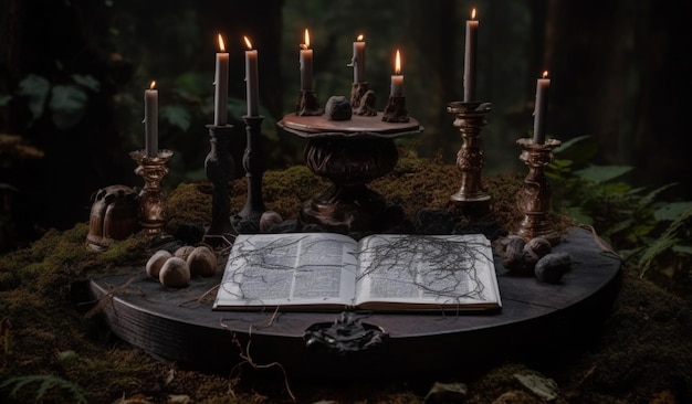 Uma mesa com um livro e velas