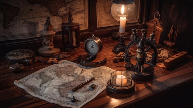 Uma mesa com um mapa e um relógio