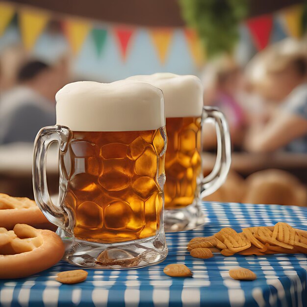 Foto uma mesa com um pano de mesa azul e branco com um monte de biscoitos nele