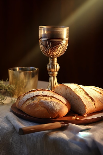 Uma mesa com um pão e um cálice e uma taça de vinho.