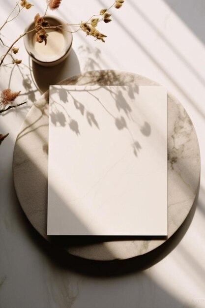 Foto uma mesa com um papel branco e algumas flores