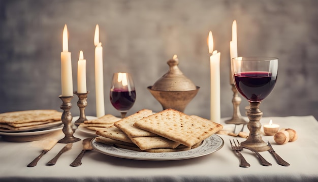 uma mesa com um prato de biscoitos, velas e copos de vinho