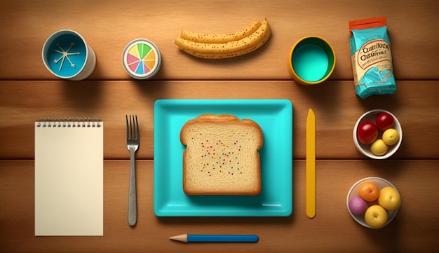 Foto uma mesa com um prato de comida e um pedaço de pão