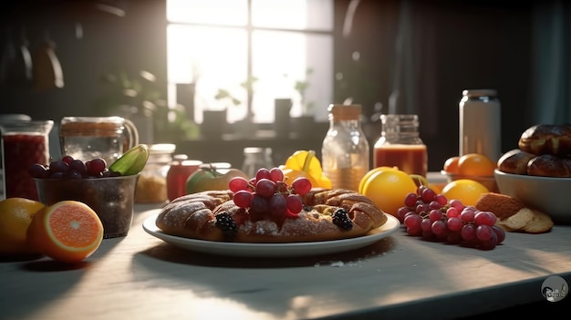 Uma mesa com um prato de comida e uma garrafa de suco de limão.