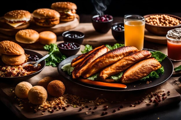 uma mesa com um prato de comida que tem comida sobre ele e um copo de cerveja