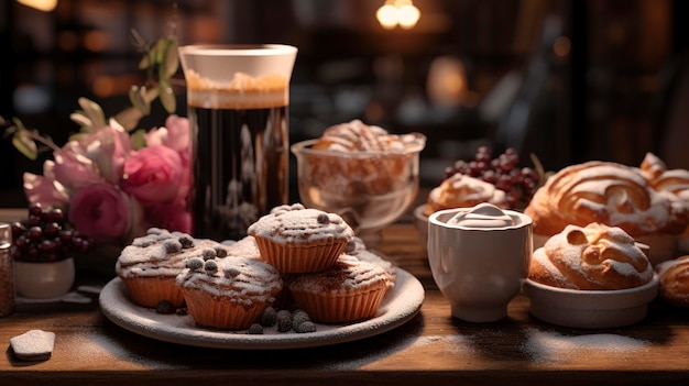 uma mesa com um prato de cupcakes e uma chávena de café