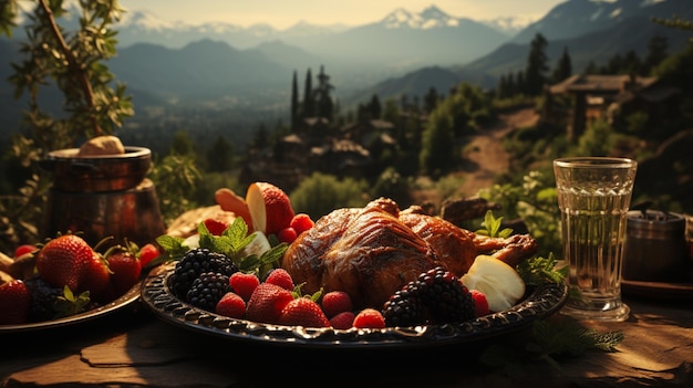 Uma mesa com um prato de morangos de peru e um prato de frutas