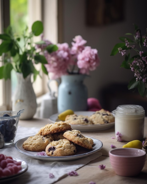 Uma mesa com um prato de scones de mirtilo e um copo de leite.