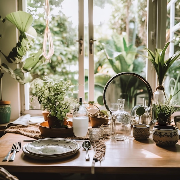 Foto uma mesa com um prato e uma garrafa