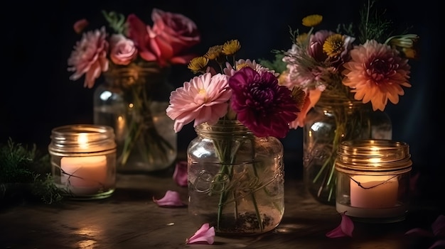 Uma mesa com um ramo de flores em frascos de vidro com fundo escuro.