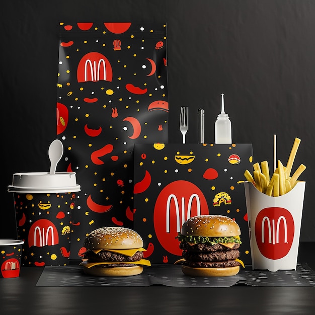 Foto uma mesa com um saco de comida e um saco com o logotipo do mcdonald's