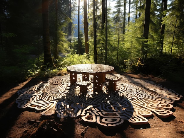 uma mesa com um símbolo e uma cadeira no meio da floresta