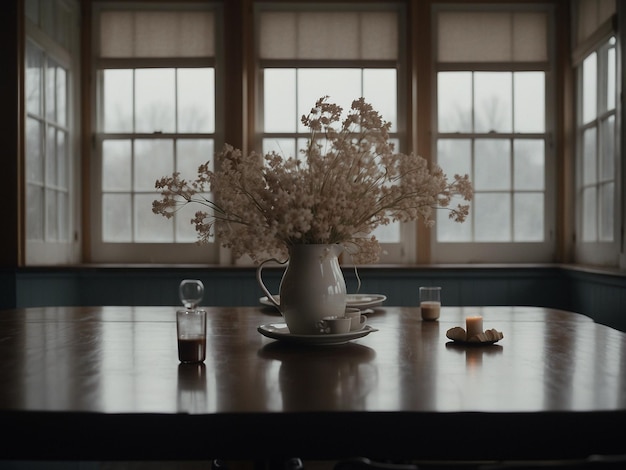 uma mesa com um vaso com flores e um copo de água nele