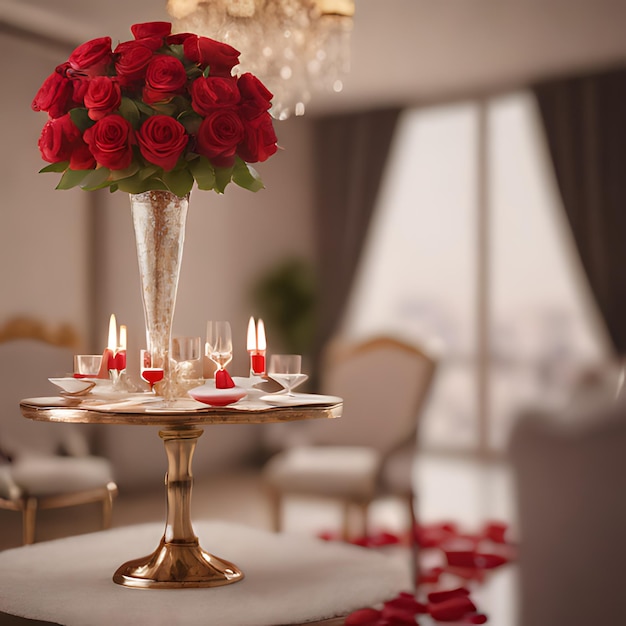 uma mesa com um vaso com rosas e velas nele