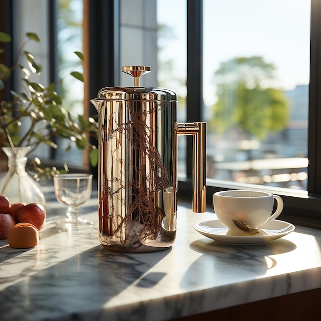 uma mesa com um vaso com uma planta e uma xícara de café.