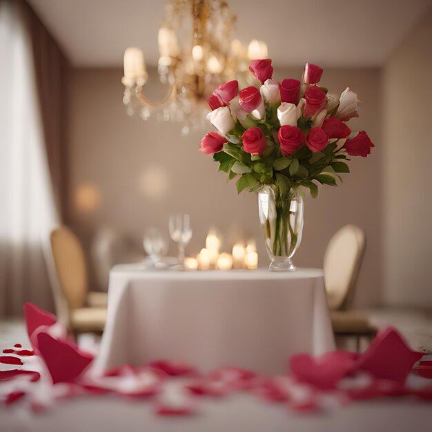 Foto uma mesa com um vaso de flores e um lustre atrás dela