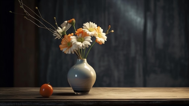 Uma mesa com um vaso de flores e um vaso com uma flor