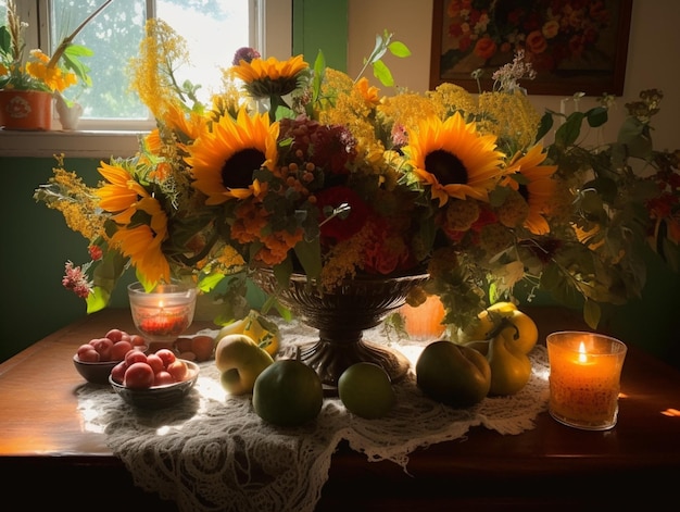 Uma mesa com um vaso de flores e uma vela