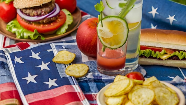 uma mesa com uma bandeira e um sanduíche e uma bebida nele