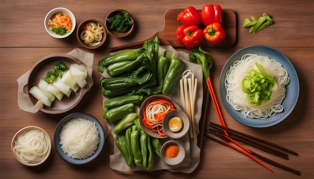 uma mesa com uma bandeja de comida, incluindo vegetais e arroz