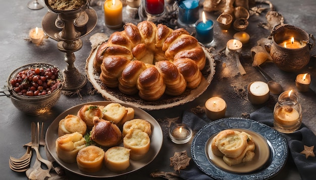 Foto uma mesa com uma bandeja de pão e uma vela que diz croissant