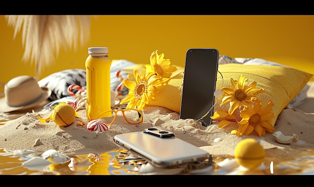 uma mesa com uma caixa amarela um telefone e algumas flores sobre ele