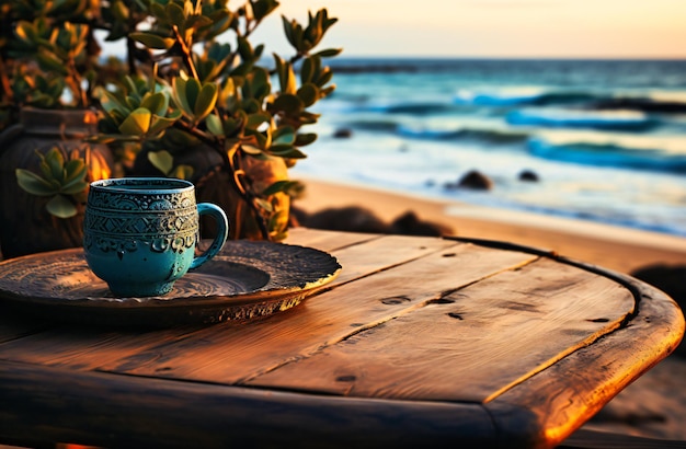 Foto uma mesa com uma caneca azul na praia