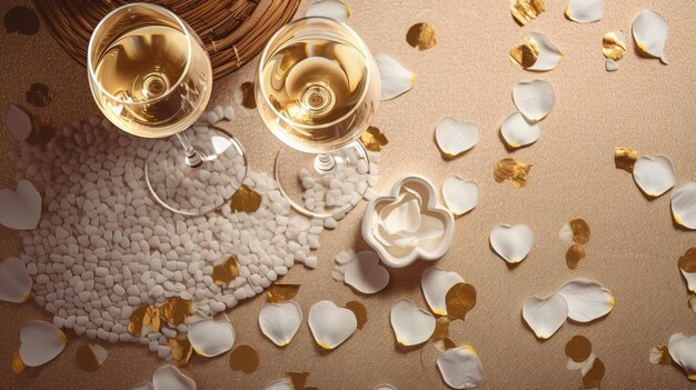 Uma mesa com uma cesta de flores e duas taças de vinho com uma cesta de corações dourados sobre ela.