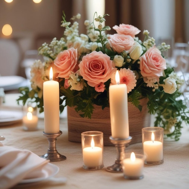 Foto uma mesa com uma cesta de flores e velas sobre ela