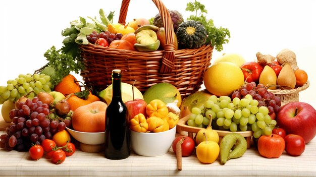 uma mesa com uma cesta de frutas e uma cesta de frutos