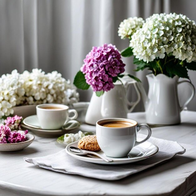 uma mesa com uma chávena de café e um prato de flores