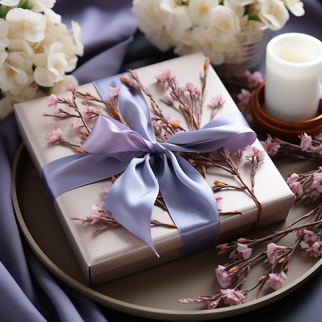 uma mesa com uma fita roxa e uma caixa de flores