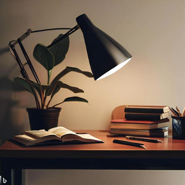 Uma mesa com uma lâmpada uma planta e alguns livros sobre ela uma planta e poucos livros sobre ela
