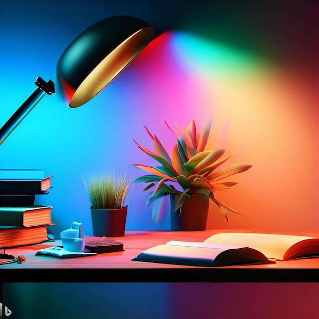 Foto uma mesa com uma luminária, uma planta e alguns livros uma planta e alguns livros