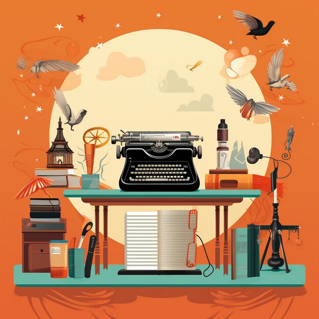 Foto uma mesa com uma máquina de escrever e pássaros nela