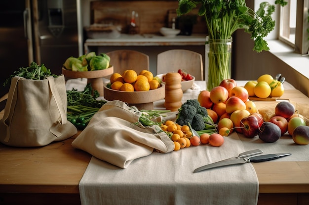 Uma mesa com uma mesa cheia de frutas e legumes.