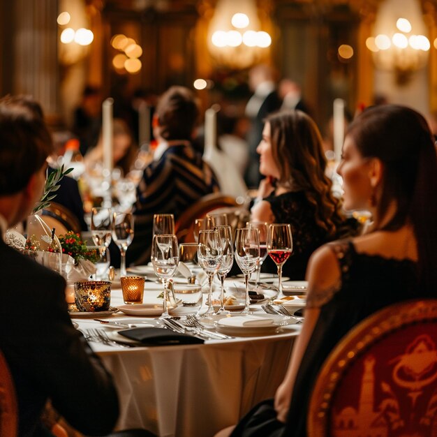 uma mesa com uma mesa com copos de vinho e pessoas sentadas nela