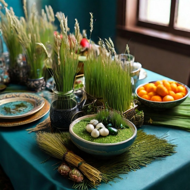 uma mesa com uma mesa com várias tigelas de comida e flores