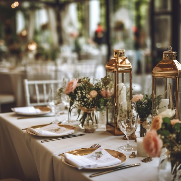 uma mesa com uma mesa posta para um casamento com flores e velas.