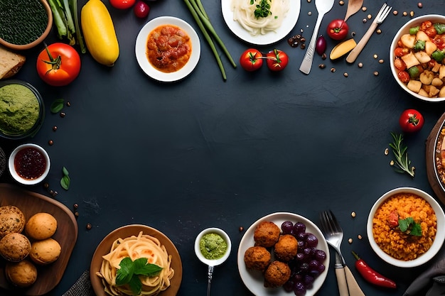 Uma mesa com uma mesa preta com uma mesa cheia de comida, incluindo macarrão, macarrão e um prato de macarrão.