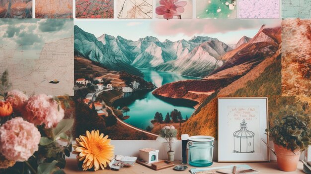 Uma mesa com uma pintura de um lago e uma foto de uma montanha.