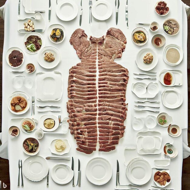 Foto uma mesa com uma placa de comida e uma placa de carne sobre ela